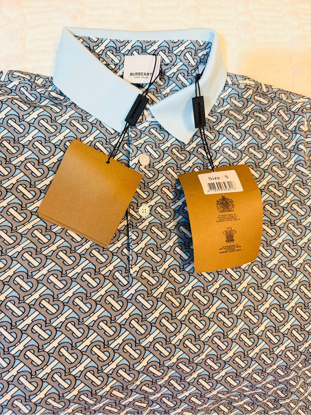 Burberry Light Blue & White TB Monogram Polo Shirt